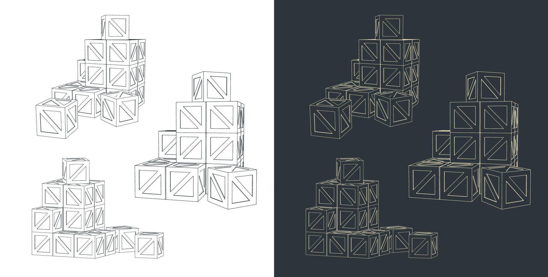 Wooden boxes sketches vector