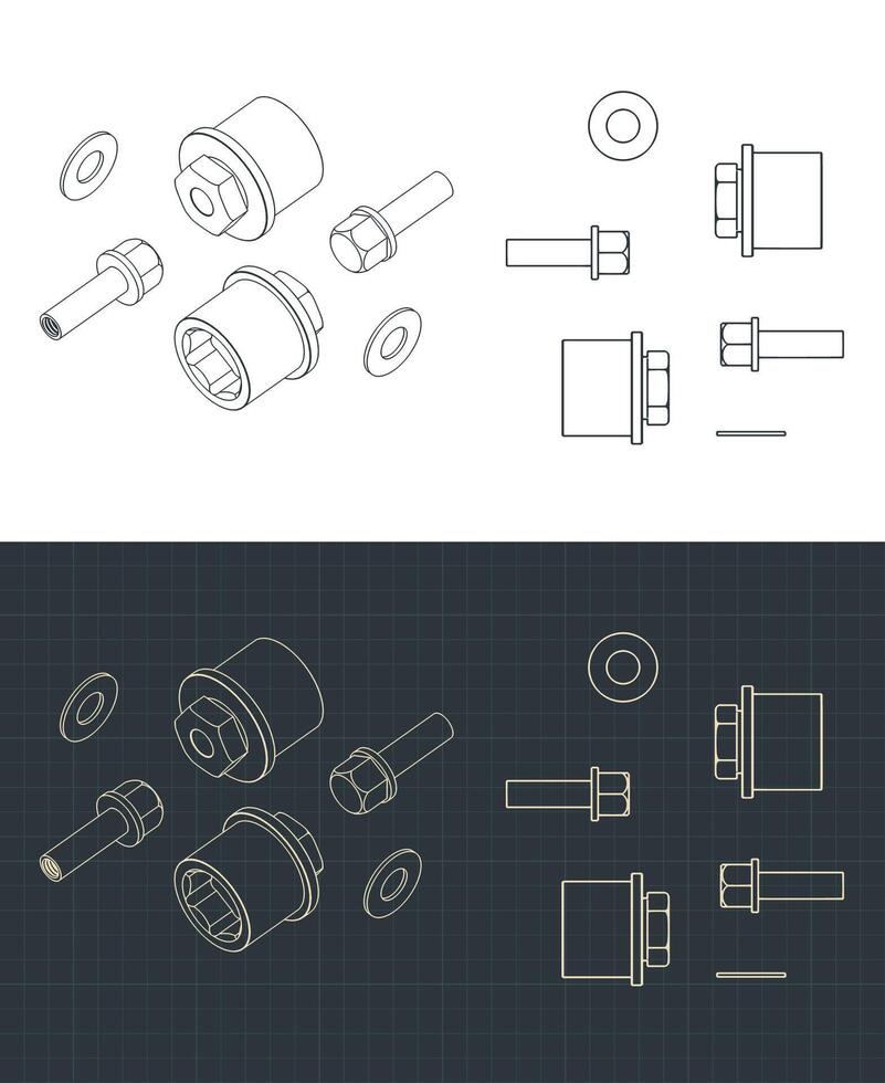 Bolts, adapters and wheel to axle fasteners vector