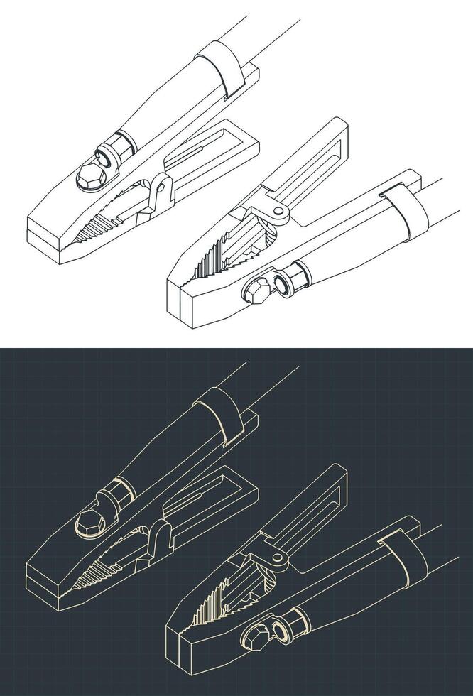 Welding earth clamp isometric blueprints vector