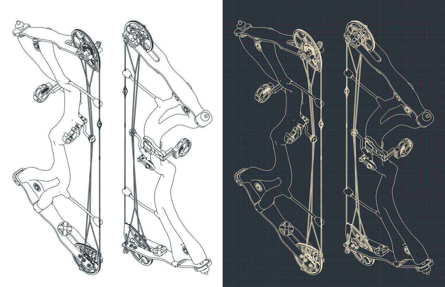 Compound hunting bow isometric blueprints vector