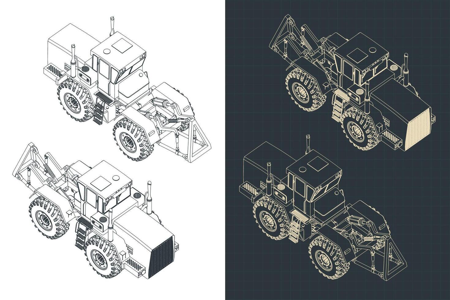 Tractor isometric blueprints vector