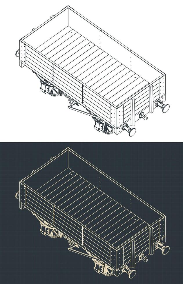 5 plank coal wagon isometric blueprints vector