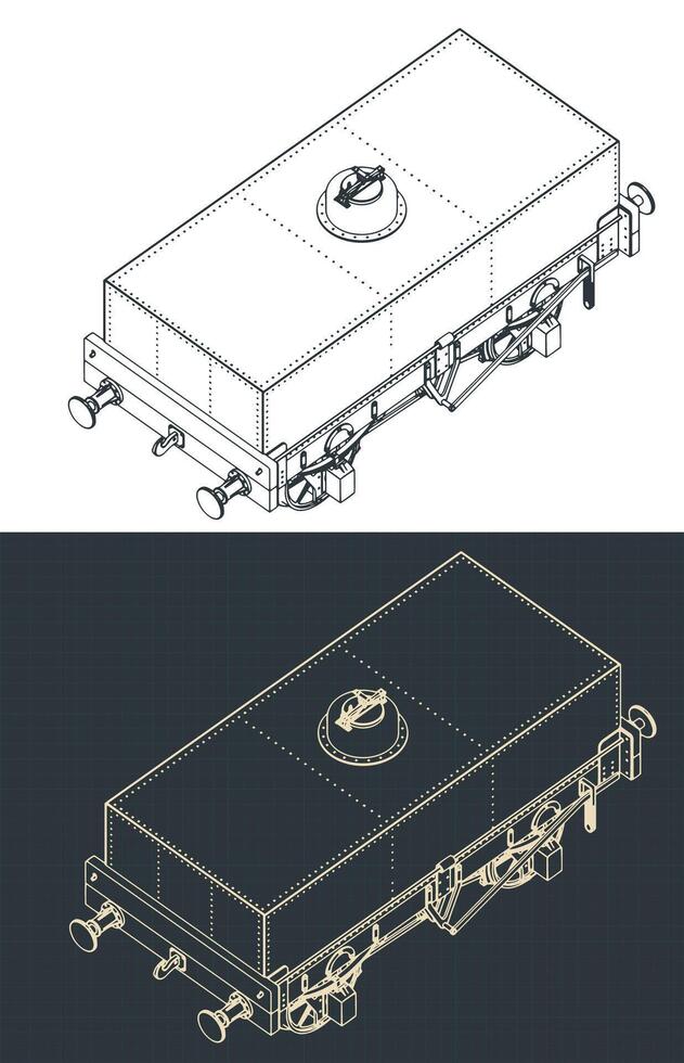 Rectangular tar tank wagon isometric blueprints vector