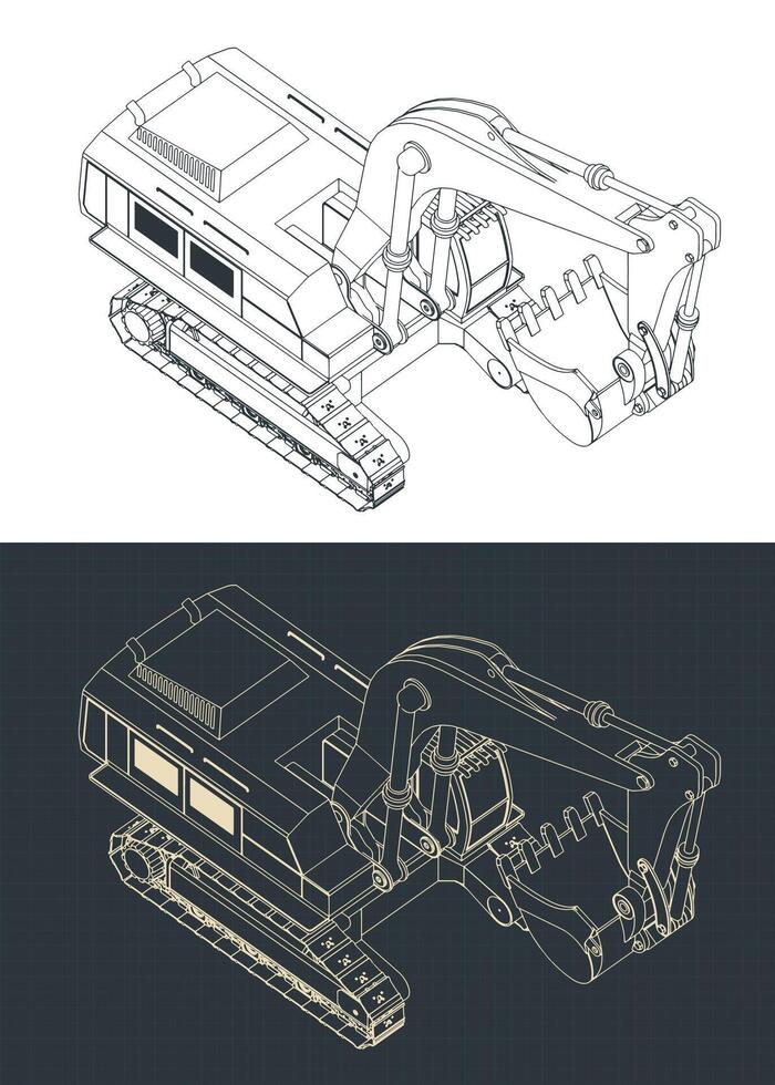 Excavator isometric blueprints vector