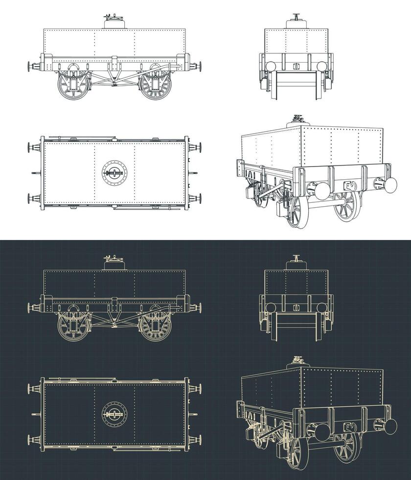 Rectangular tar tank wagon blueprints vector