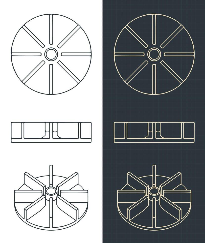 Water pump impeller blueprint vector