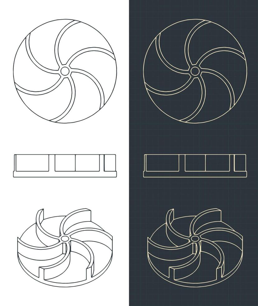 Water pump impeller blueprints vector