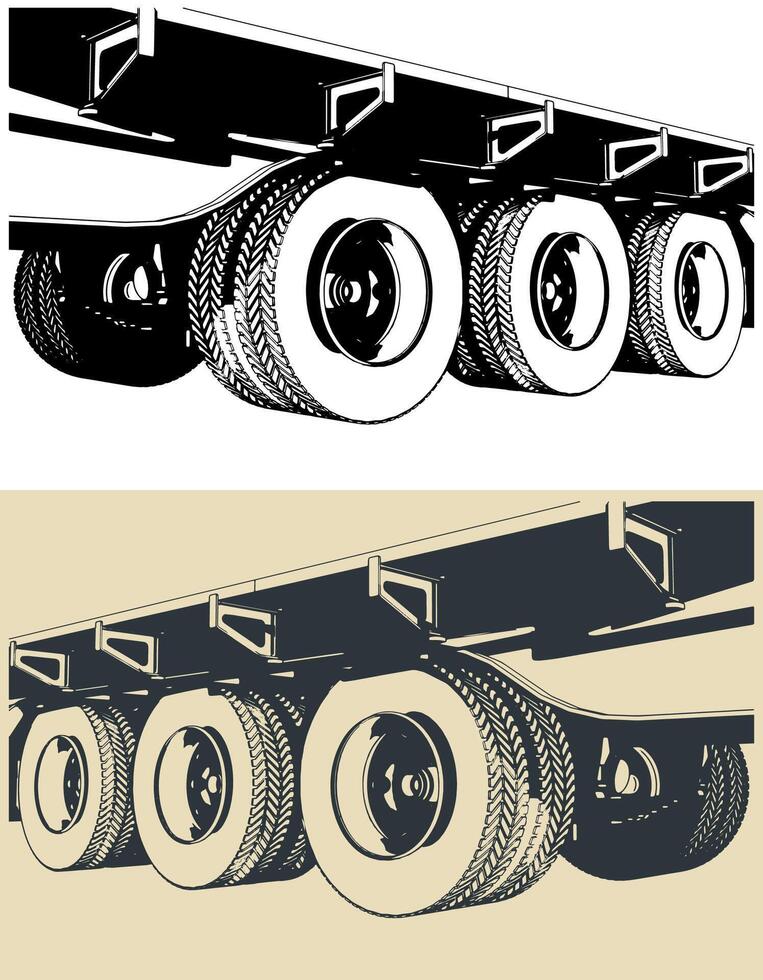 Three axle trailer wheelsets close-up vector