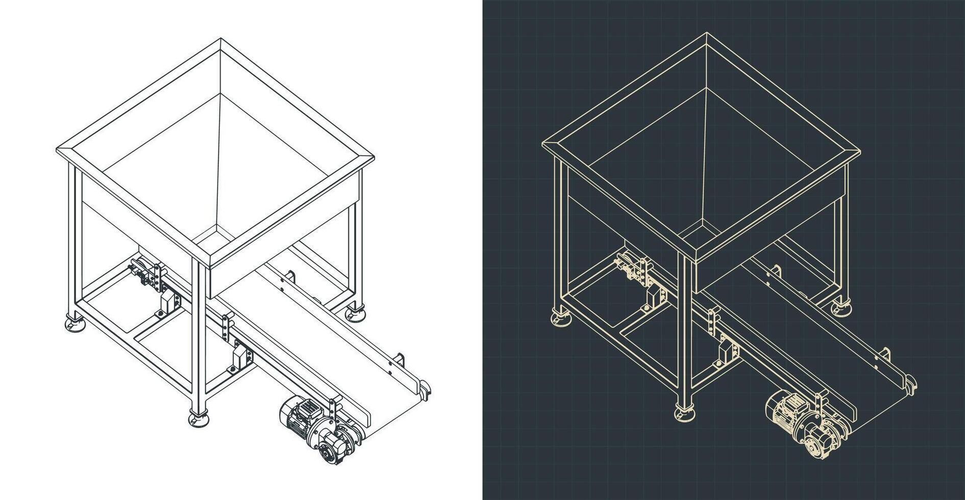 Feeding hopper with belt conveyor isometric blueprints vector