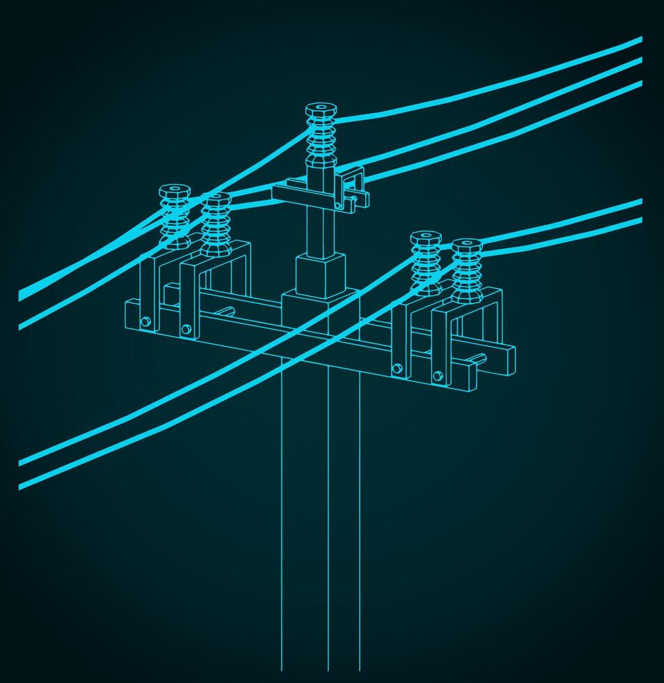 High voltage power lines with wires technical drawings vector
