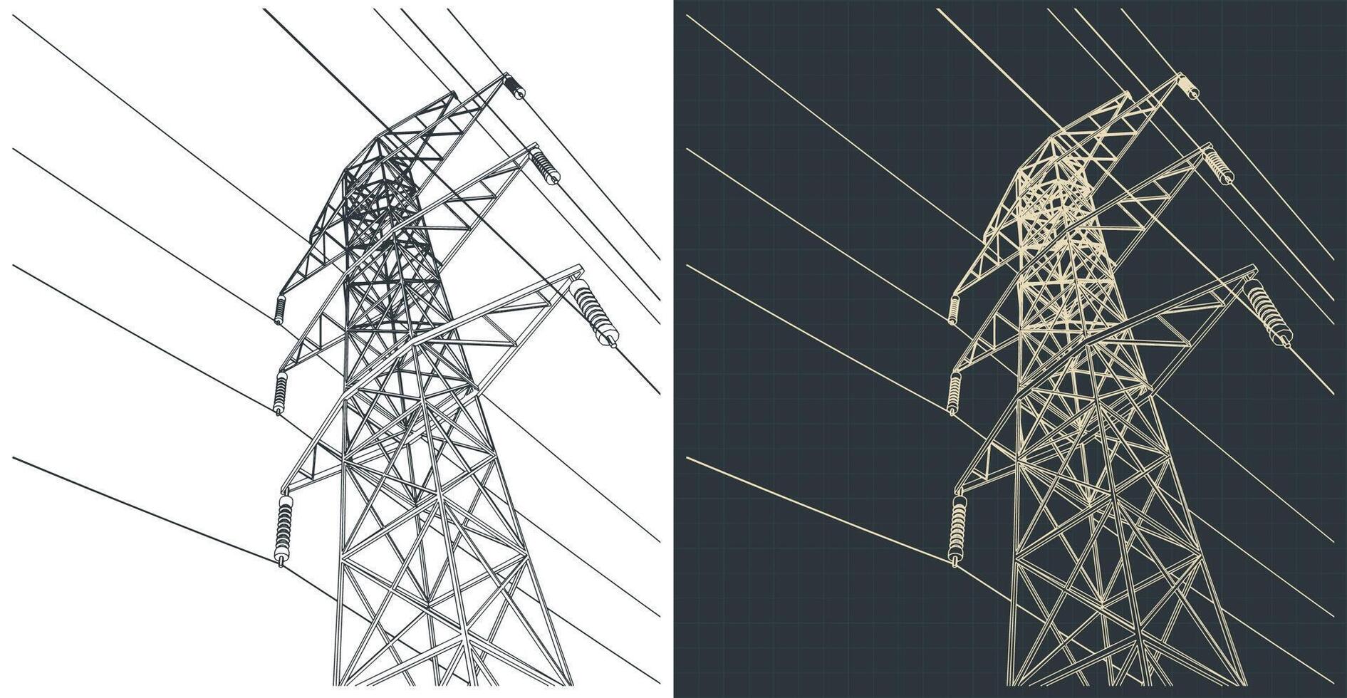 Technical drawings of high voltage electric pole with wires vector