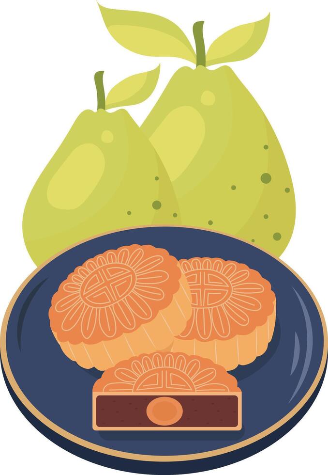Green Pomelo Fruit and Moon Cake Traditional Dessert Illustration Graphic Element Art Card vector