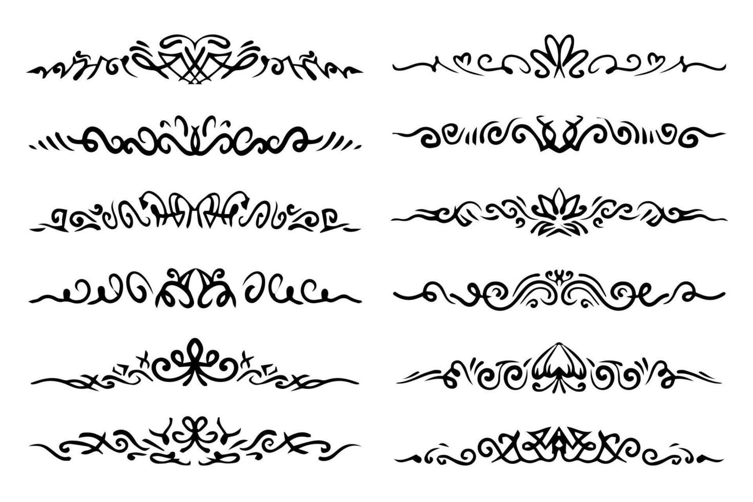 Abstract calligraphic linear vintage ornamental text dividers set. Flourish paragraph separators, horizontal borders collection. vector