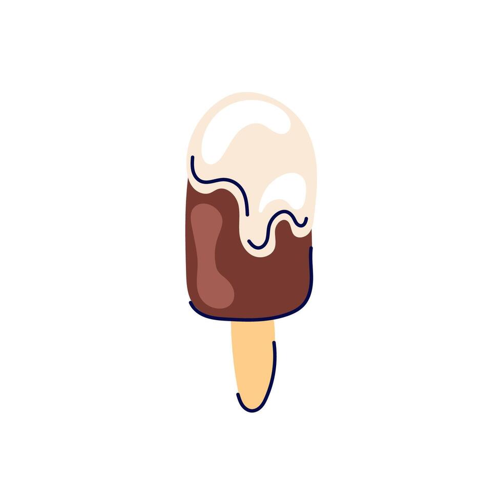 Ice cream with chocolate popsicle glaze on a stick in cartoon style. Sweet dessert, tasty food. illustration isolated on white background. vector
