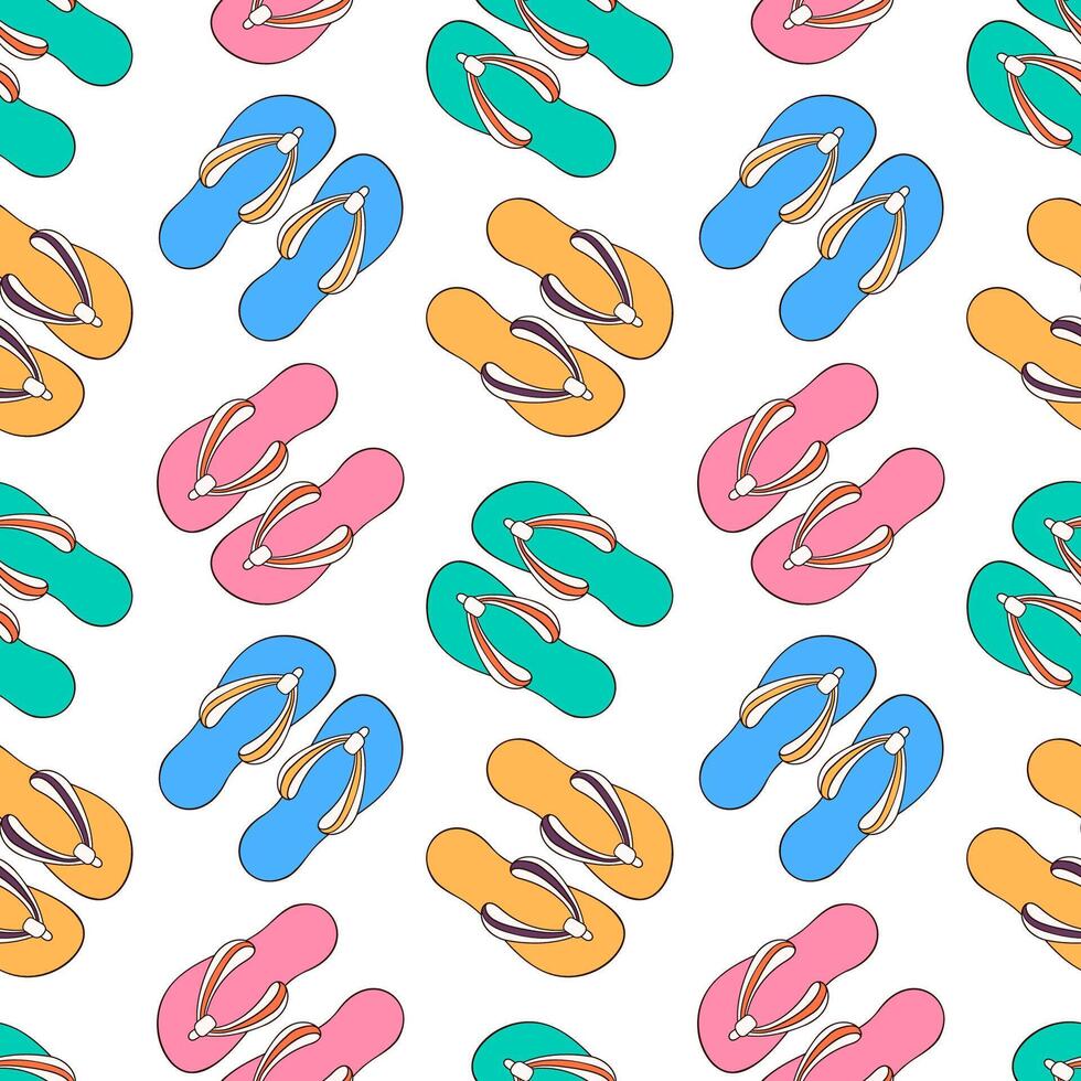 Seamless pattern with flip-flops summer shoes in cartoon style. Slippers design for wallpaper, textile. illustration on a white background. vector