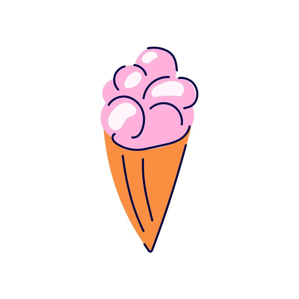 Ice cream pink in waffle cone in cartoon style. Strawberry dessert design. illustration isolated on white background. vector