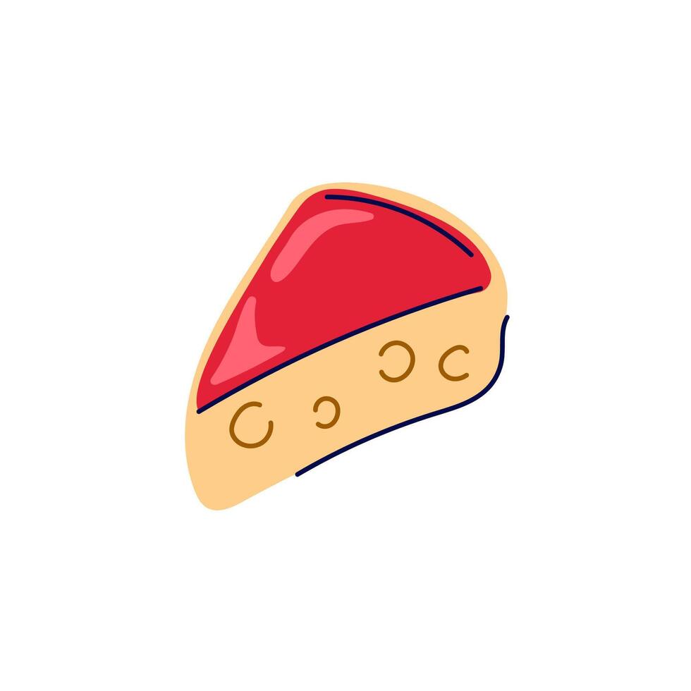 Piece of cheese in a red crust with holes in cartoon style. Grocery simple design. illustration isolated on white background. vector
