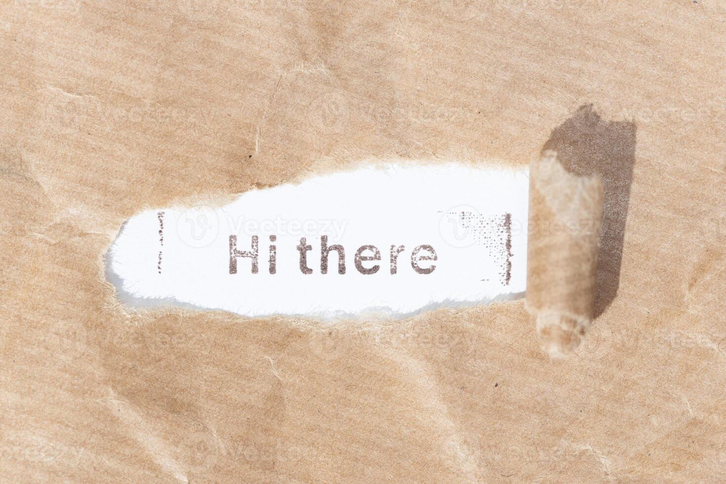 Hi There message. Brown paper torn stripe with text on white paper background photo