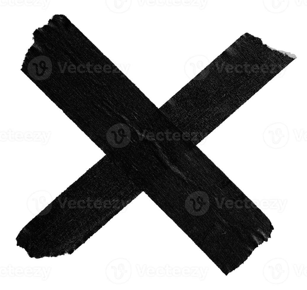 Grunge X symbol made of black masking tape isolated on white background photo