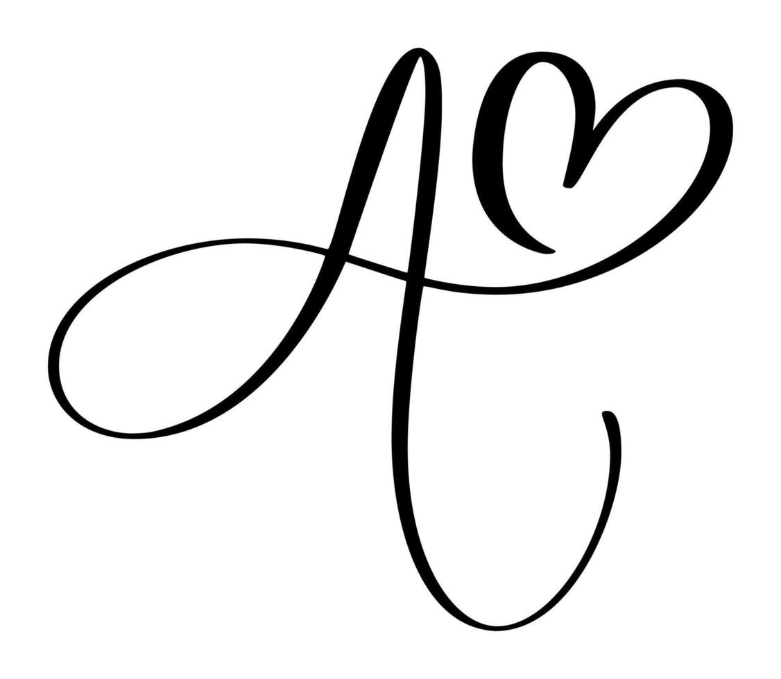 Vintage heart letter monogram logo A. Love Calligraphy element Valentine flourish. Hand drawn sign for page decoration design illustration, wedding card, invitation vector