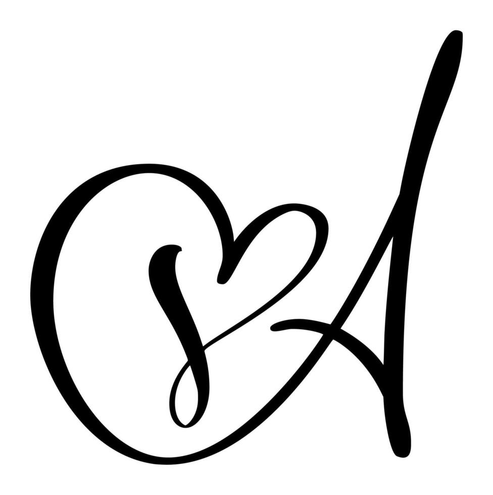Script capital font logo calligraphy love letter A initial. Hand drawn brush style flourish. Vintage heart monogram. Valentine flourish element. decoration design illustration vector