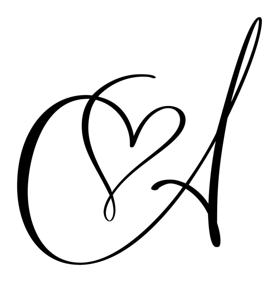 Vintage heart letter monogram logo A. Love Calligraphy element Valentine flourish. Hand drawn sign for page decoration design illustration vector