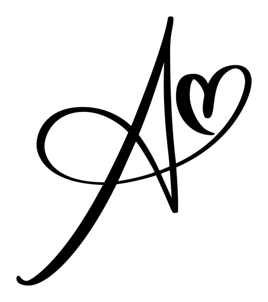 Hand drawn calligraphy love letter A. Script capital font logo. Handwritten brush style flourish. Vintage heart monogram. element Valentine flourish. decoration design illustration vector