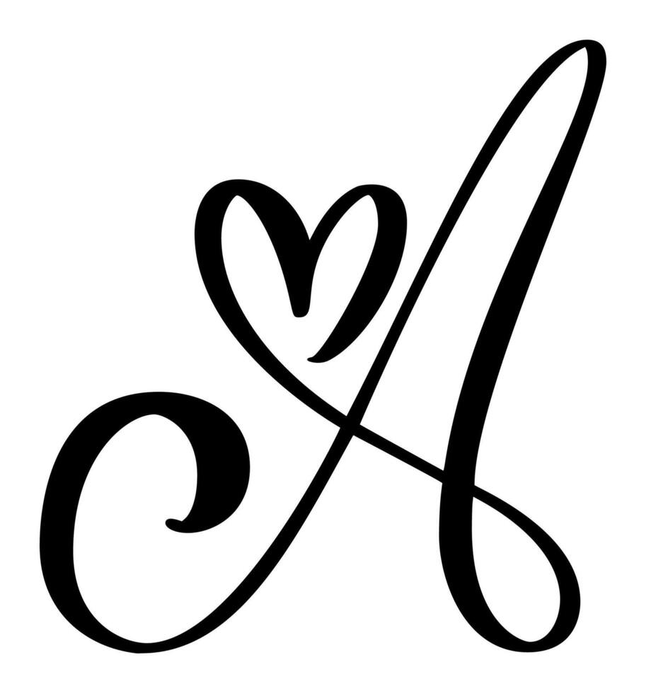 Hand drawn calligraphy love letter A. Script capital font logo. Handwritten brush style flourish. Vintage heart monogram. element Valentine flourish. decoration design illustration vector
