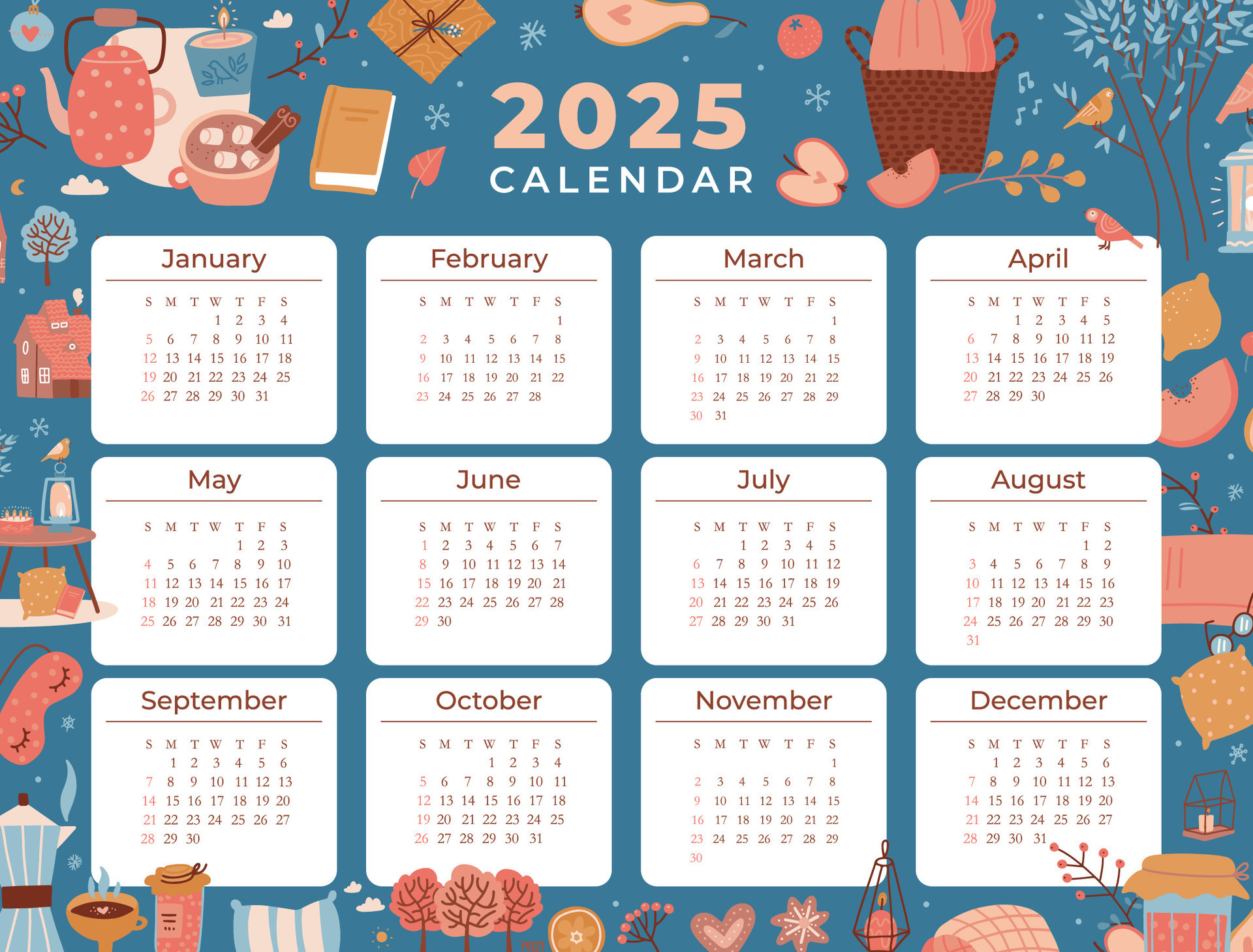 Printable hand drawn one sheet calendar for 2025 year. Calendar grid