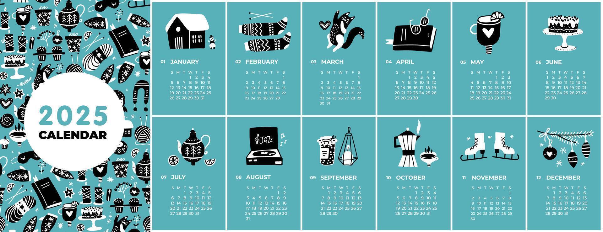 Multipage Calendar template for 2025. Vertical doodles of four seasons activities. Editable pages with black and white illustrations on blue, set of 12 months with cover.Week starting on Sunday vector