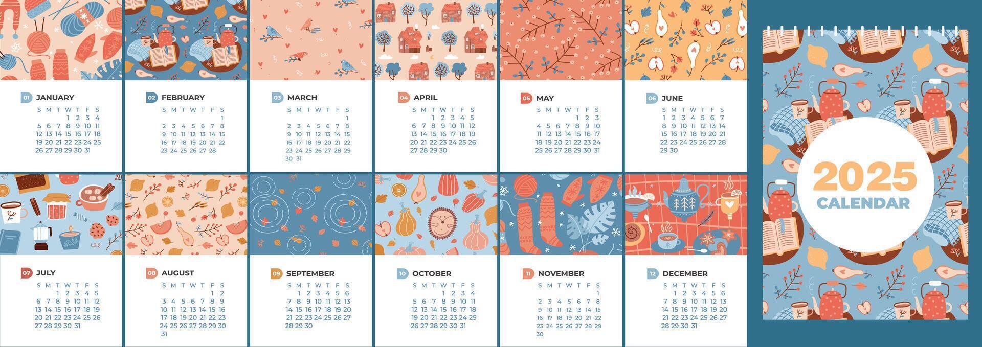 2025 calendar with 12 months sheets design. Vertical a4 a3 size template. Four seasons nature cute cozy patterns. Natural mood. illustration in flat cartoon style. Week starting on Sunday. vector