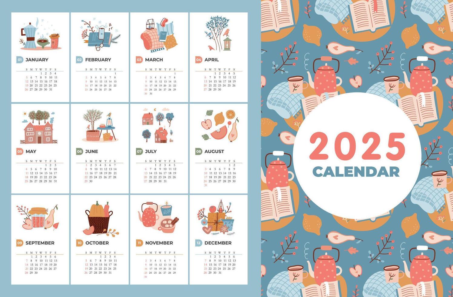 Cute and cozy 2025 calendar template with hand drawn four seasons