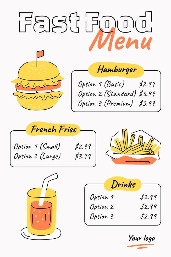 Vertical fast food menu template with hand drawn food elements vector