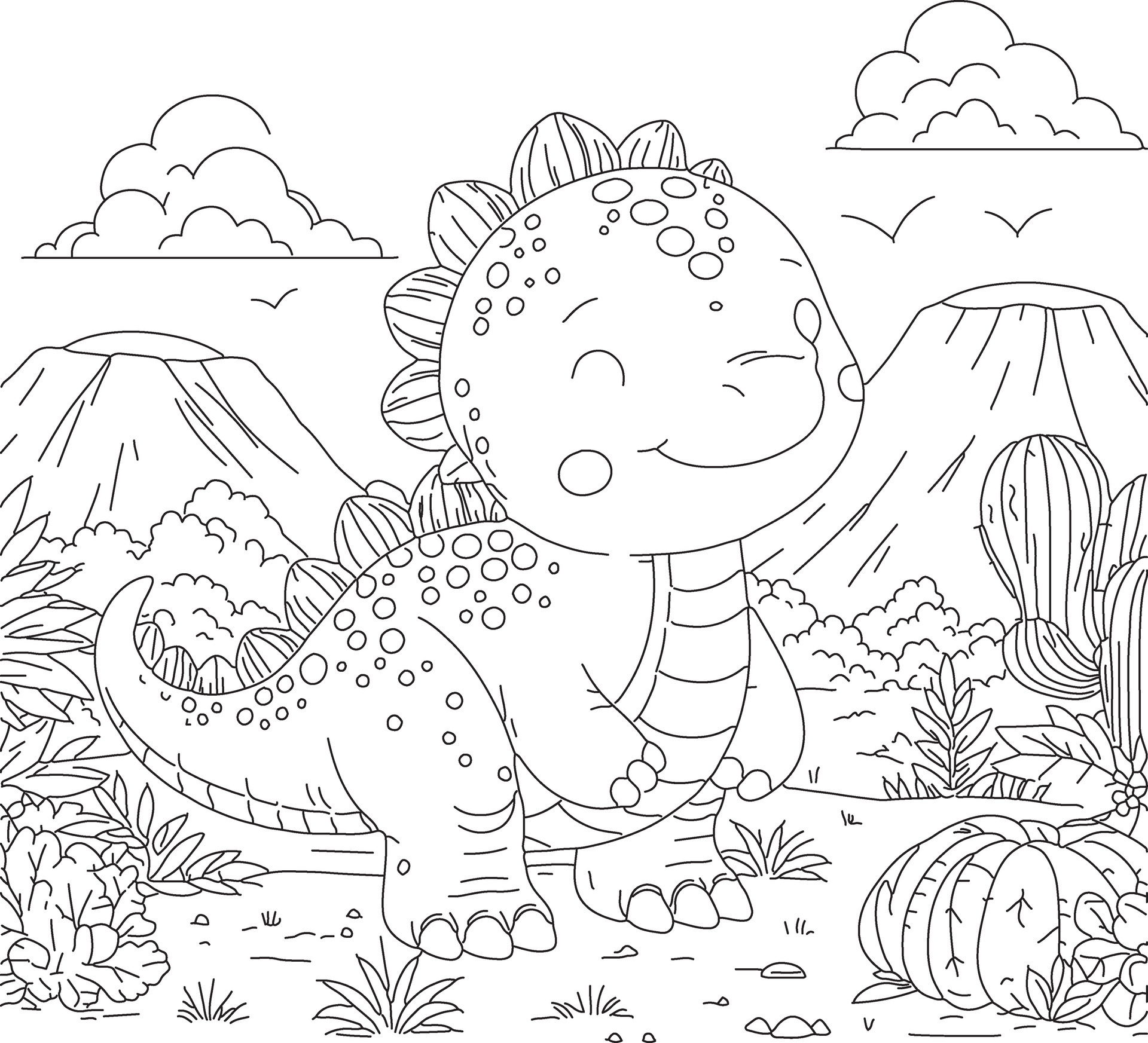 Big dinosaur coloring page for kids, black and white illustration for