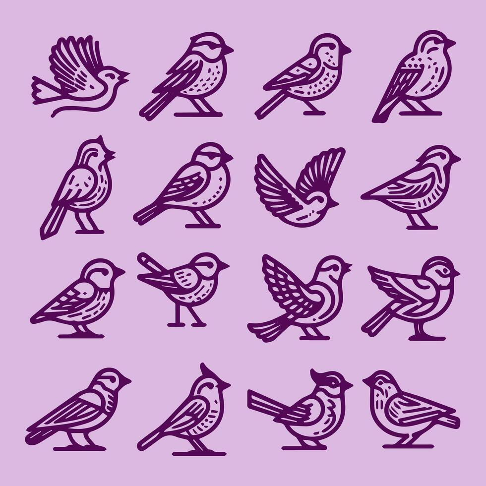 Discover a stunning collection of bird line icons and logos on a minimalistic background. illustration features elegant, intricate designs of various bird species, perfect for branding vector