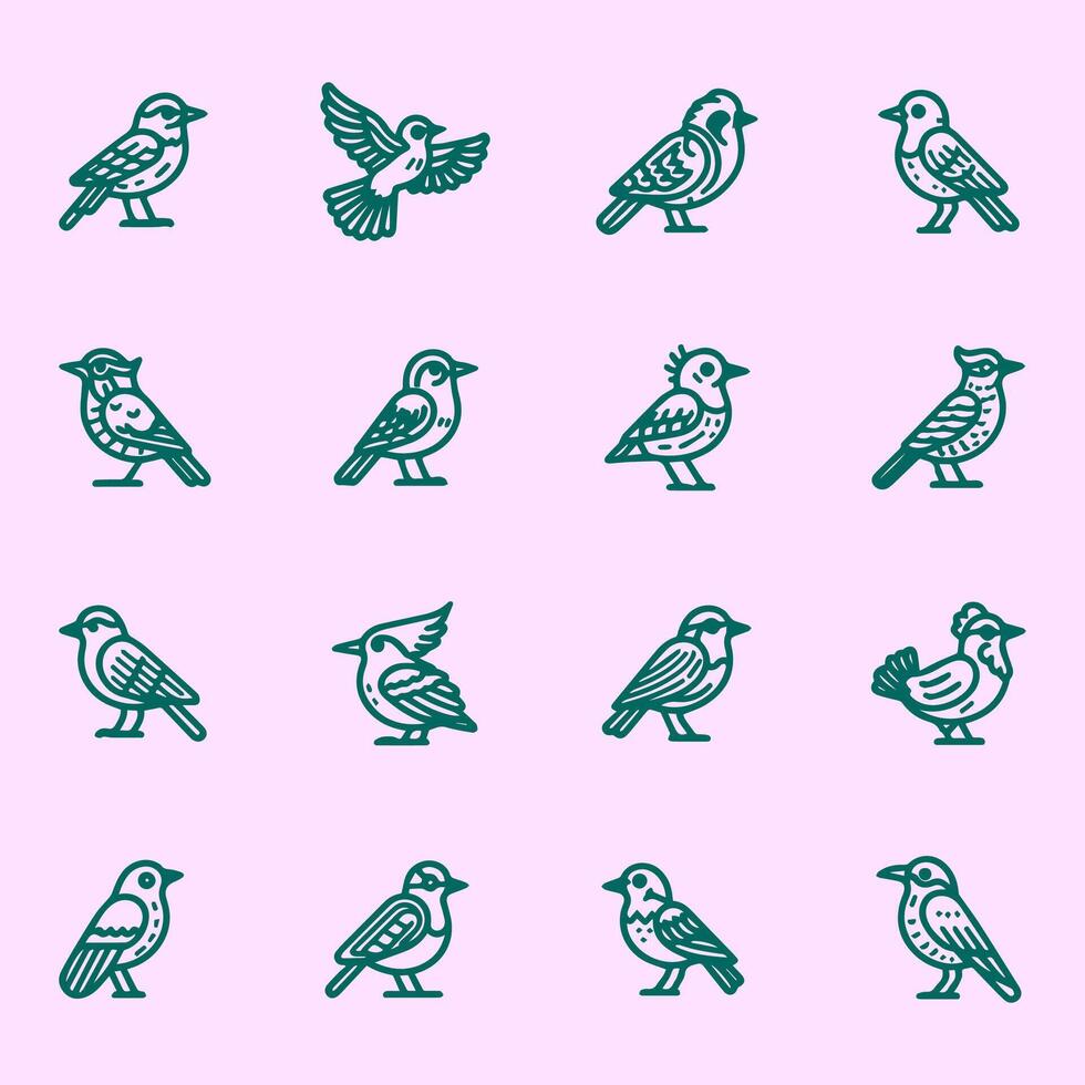 Discover a stunning collection of bird line icons and logos on a minimalistic background. illustration features elegant, intricate designs of various bird species, perfect for branding vector