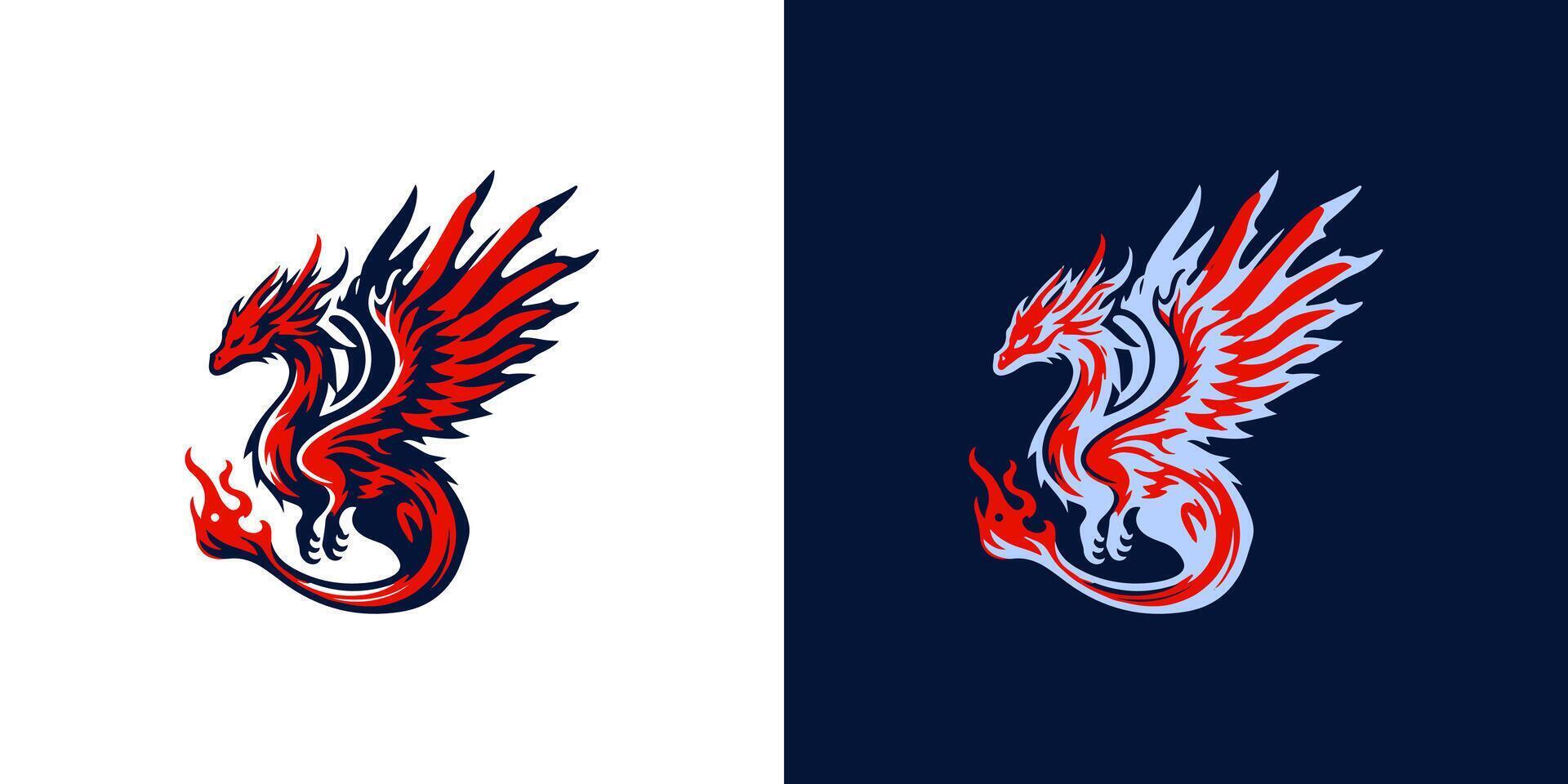 Black and red fire Dragon logo icon, perfect for tattoos or t-shirt designs, features a fierce and mythical creature in EPS format. vector