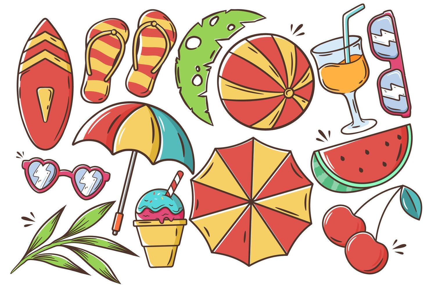Summer icon set. Beach vacation design elements. Summertime illustration with surfboard, watermelon, glasses, umbrella, palm leaves vector