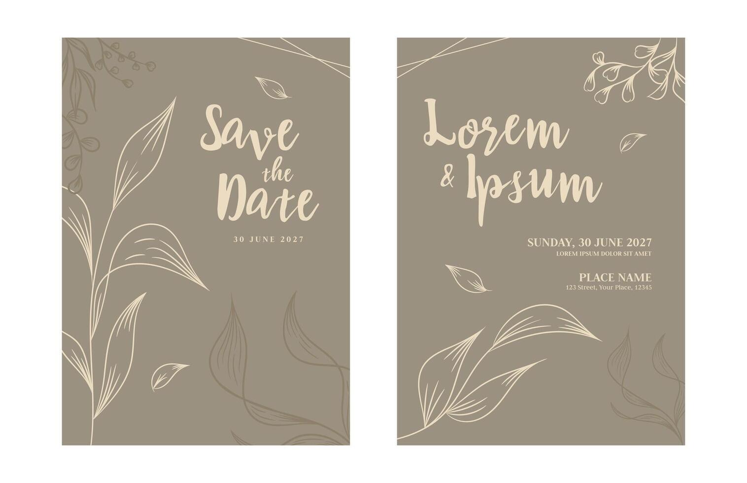 Taupe and cream floral wedding invitation card template. Rustic botanical save the date wedding invitation vector