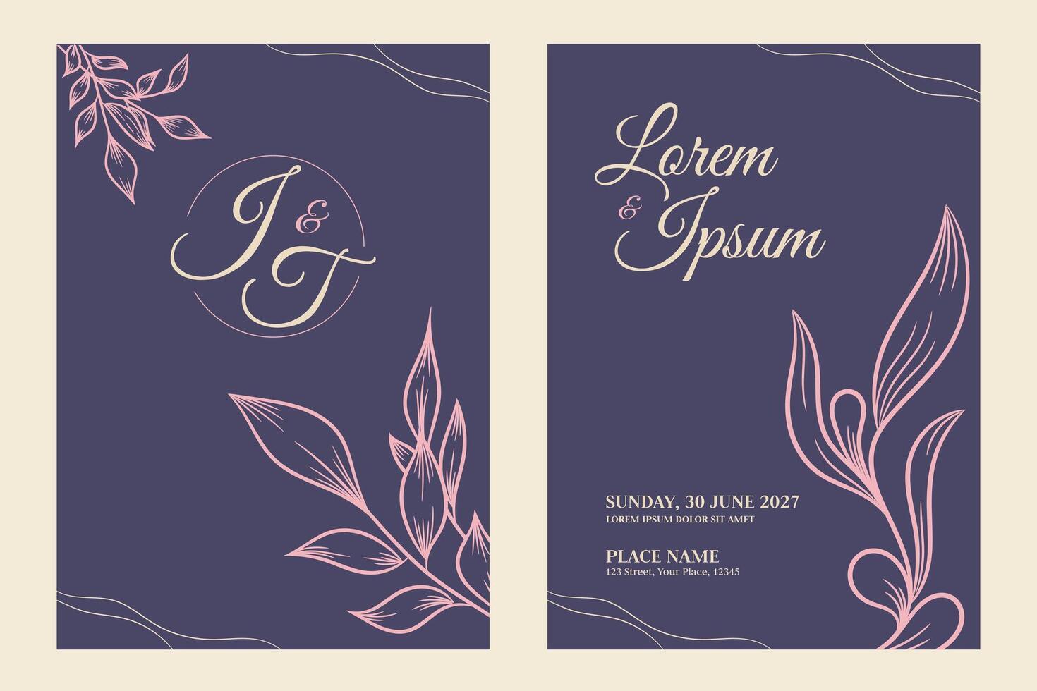 Wedding ceremony invitation poster template with rose branches and leaves on a purple background vector