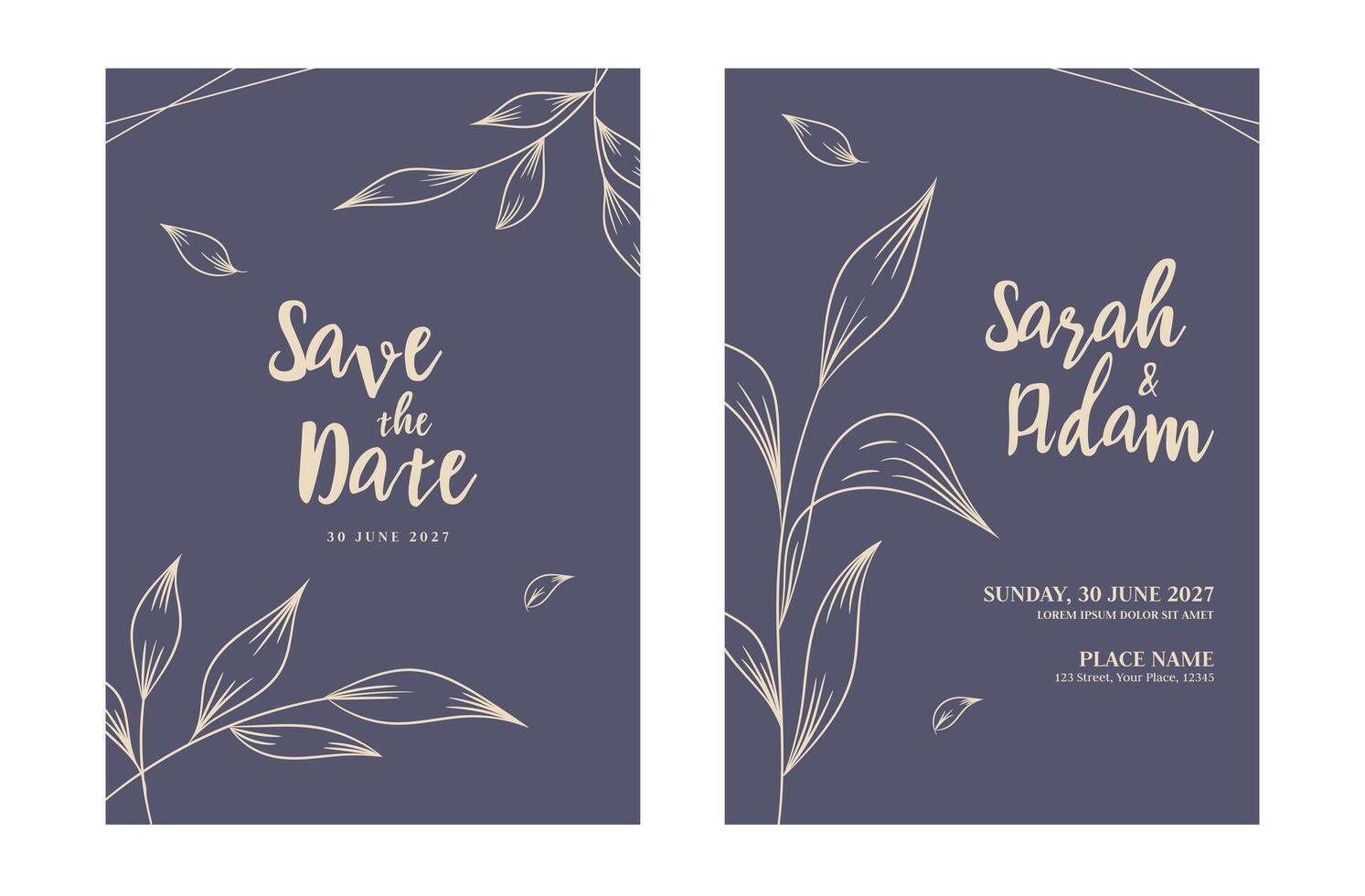 Save the date, wedding invitation card design template with beautiful hand drawn leaves vector