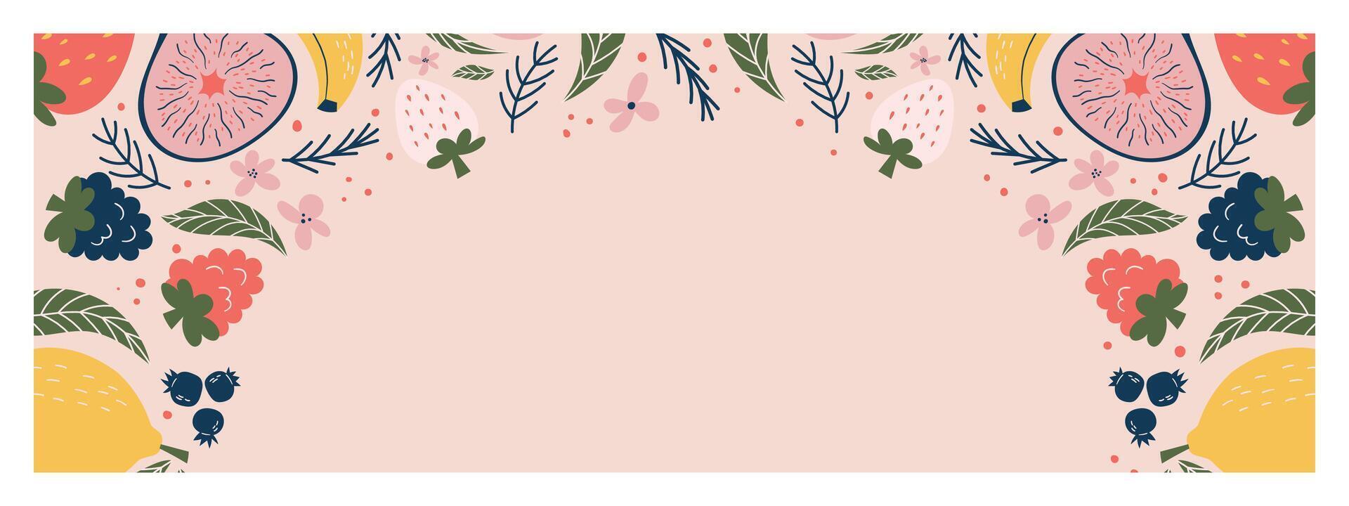 Cheerful End of Summer Sale banner with limited time offer, soft pink background adorned with illustrated lemons, figs, strawberries, blueberries, and pink and green foliage. vector