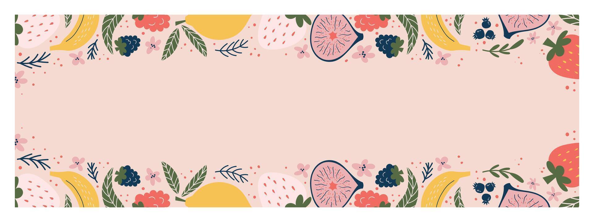 End of Summer Sale banner, pastel background with lively illustrations of lemons, figs, bananas, strawberries, leaves, and flowers. Text in bold white and green stands out to highlight the promotion. vector
