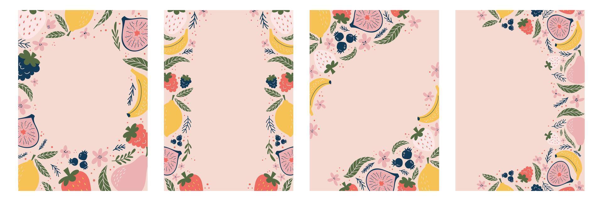 Four promotional vertical Posters End of Season Summer Sale. Pastel pink background with vibrant fruit illustrations bananas, lemons, figs, strawberries, blueberries and floral accents. vector