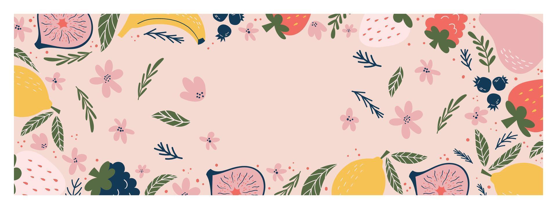 Vibrant banner with End of Summer Sale text, on a soft pink background adorned with illustrated fruits, flowers, and leaves like lemons, figs, strawberries, blueberries, and pink and green foliage vector