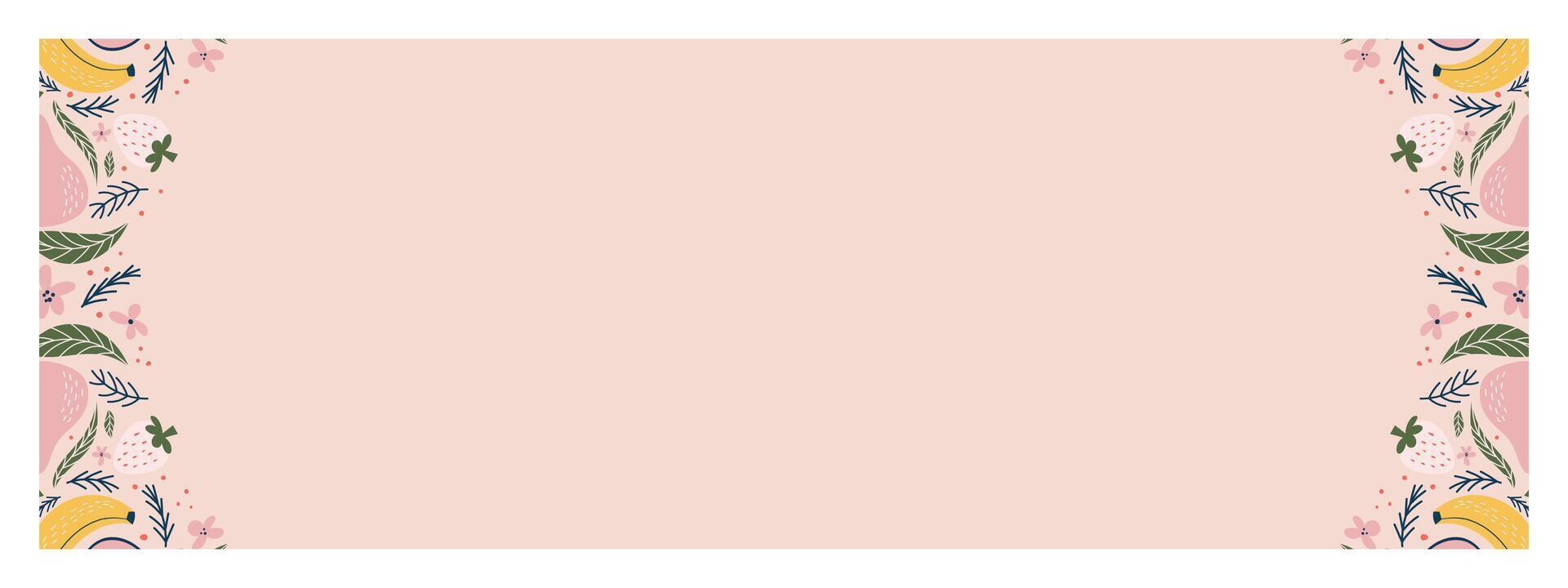 Soft pink banner End of Summer Sale with a limited-time offer and up to 50 off, decorated with cheerful illustrations of fruits, flowers, and leaves vector