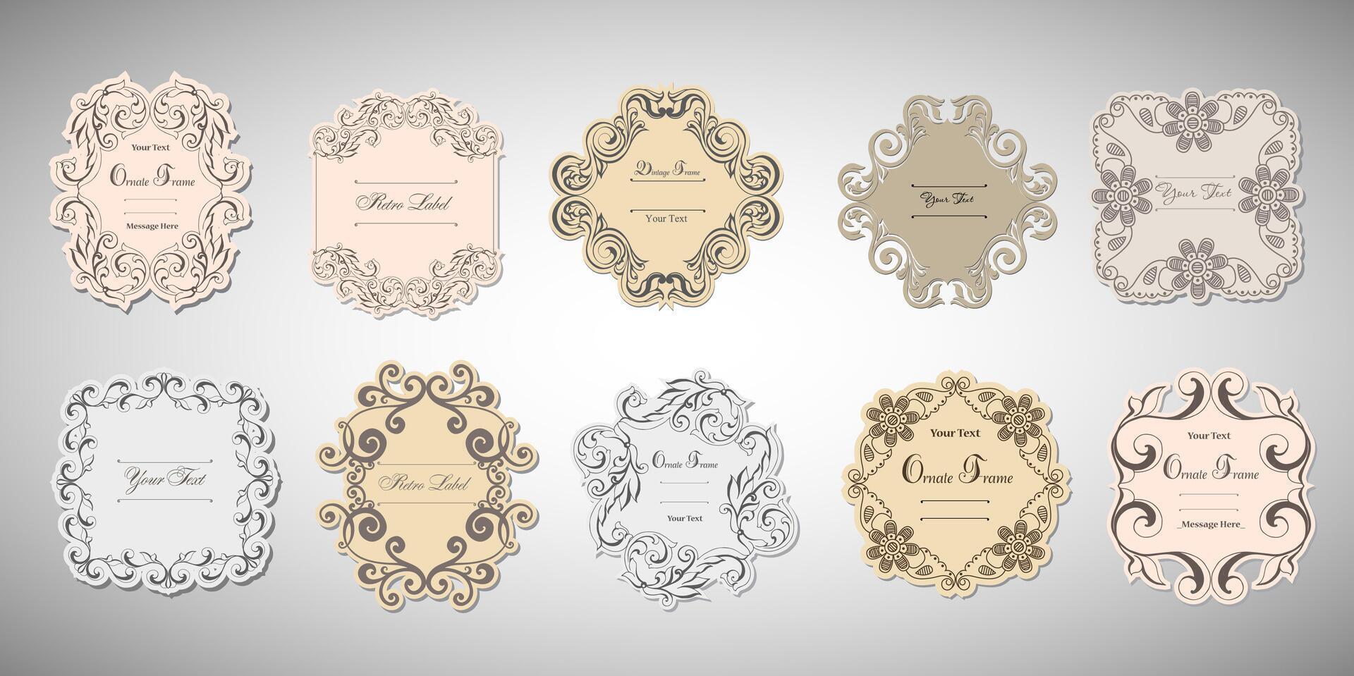 Vintage labels frames art-deco set. Damask vintage baroque scroll ornament swirl. Victorian monogram heraldic shield swirl.Retro floral leaf pattern border foliage antique acanthus. vector