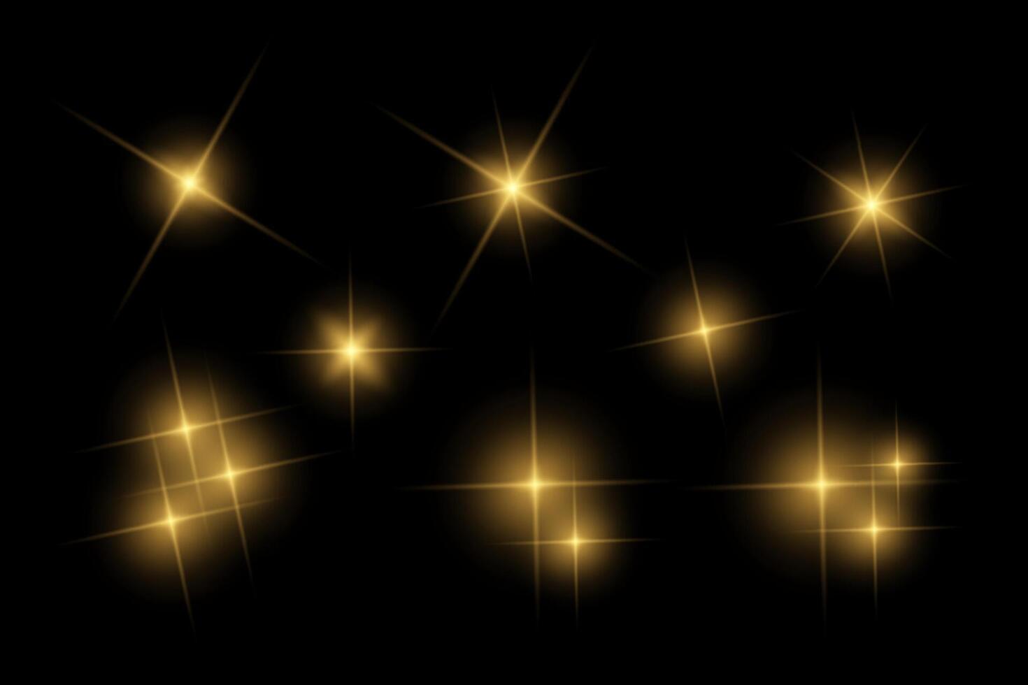 Golden sparkle lights, flashing lights, light effects, sunlight lens flare, glowing ray beams, sparkling starsicon on black background. vector