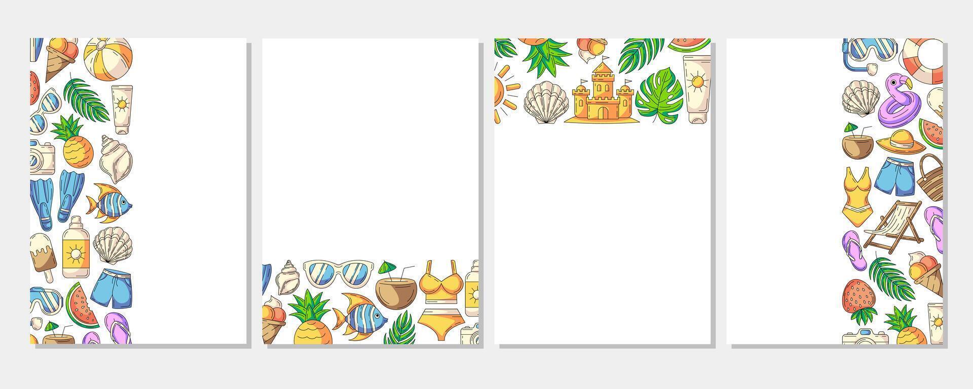 Set of summer colorful vertical a4 poster, painted beach elements, accessories icons. Left, right side, upper, bottom border frame, space for text, isolated on white. For banner, invitation, sale vector