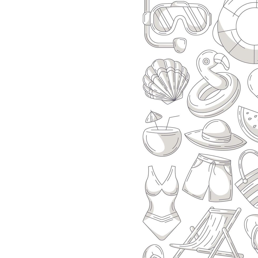 Summer square card, minimalist monochrome beach accessories icons. Right side border frame, copy space, isolated on white. Holiday and vacation. For poster, flyer, banner, invitation, social media vector